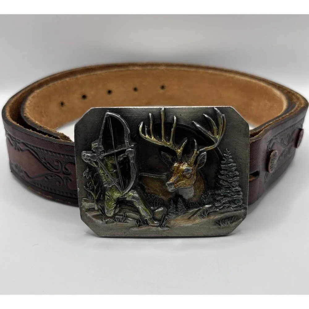 Vintage Bergamot‎ Bowhunter Reward Pewter Belt Buckle Leather Western Tooled USA